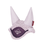 Equestrian fly hood with purple patch and white background